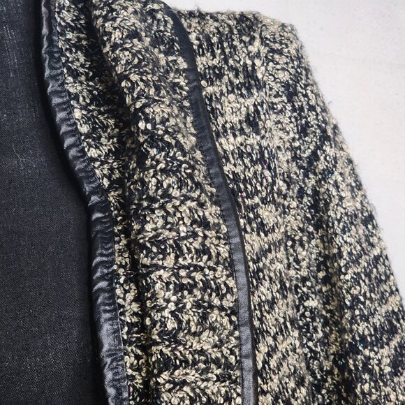Sioni Black and Gray Boucle Trimmed in Faux Leather Chunky Sweater Cardigan Sz L - Picture 6 of 16